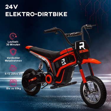 Дитячий електричний мотоцикл HOMCOM з двигуном 24 В 350 Вт, швидкісний режим 8-16 км/год, 12-дюймова пневматична шина, електричний мотоцикл з музичною фарою, мотокрос для дітей 8-12 років червоний
