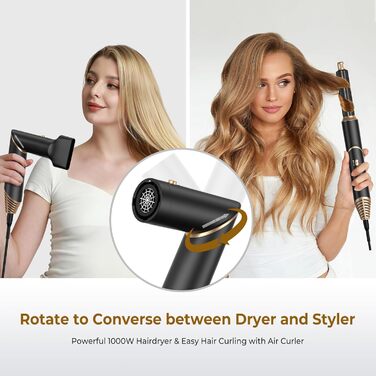 UKLISS 5-в-1 Airstyler Фен-щітка для укладки волосся з насадками (чорний) - професійний фен, стайлер, випрямляч, кругла щітка для волосся 60000 об/хв