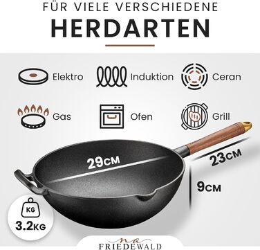 Вок з чавуну Friedewald® з кришкою, 29 см, для 2-4 осіб, сумісний з індукцією, для всіх плит, антипригарне покриття, високий борт, каструля-сковорода