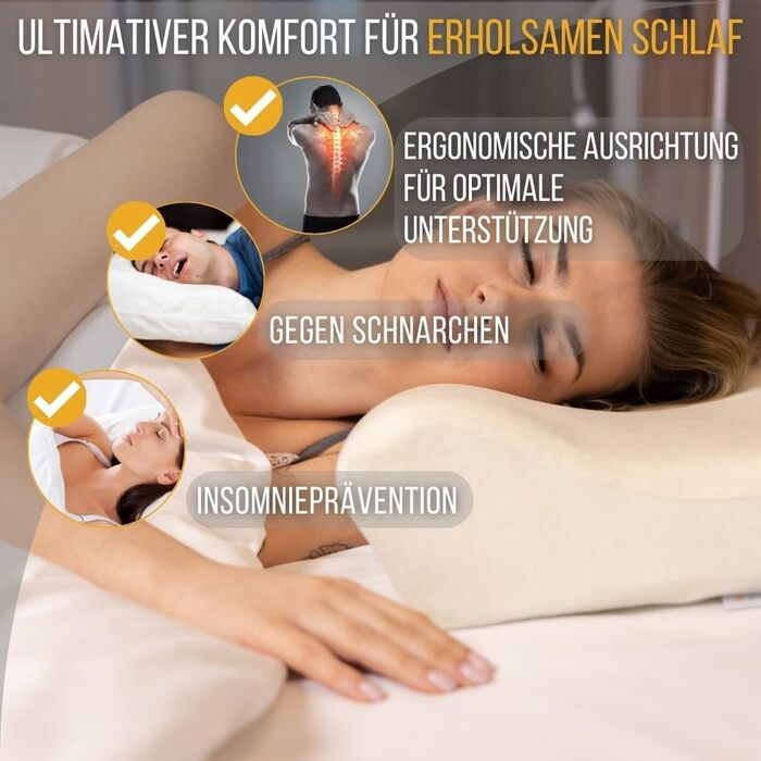 Ергономічна подушка для шиї та попереку Inphysio Luxury з гіпоалергенної пінки з ефектом пам'яті (Memory Foam), бежева, 60 x 35 x 12/7 см, 2 чохли у комплекті