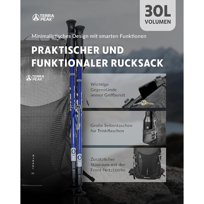 Рюкзак Terra Peak 30 л з вентильованою спинкою, тримачем для питної системи та дощовиком, чорний, туристичний для походів і прогулянок