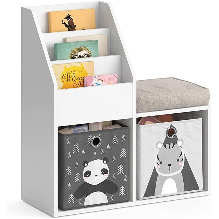 Дитяча книжкова полиця Vicco Luigi, біла, 72x79 см, з 2 текстильними коробками Panda/Tiger