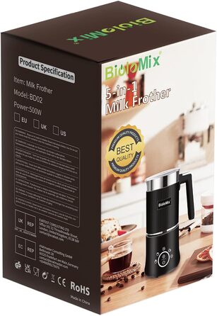 Biolomix 5-в-1 електричний індукційний спінювач молока, 350 мл, з нержавіючої сталі, для гарячого шоколаду, гарячої/холодної молочної піни, теплої молока, придатний для миття в посудомийній машині