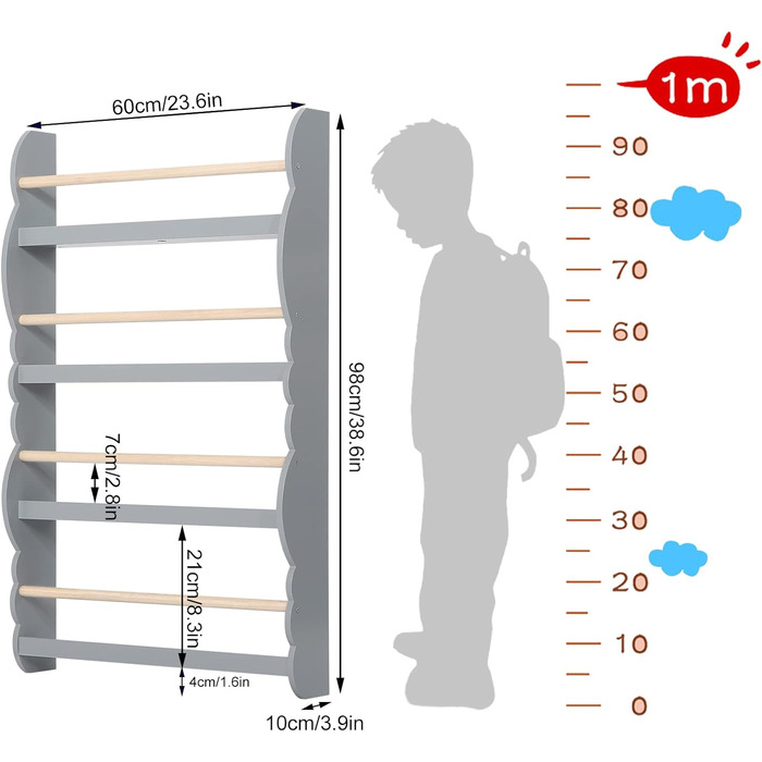 Дитяча книжкова полиця WOLTU настінна, органайзер для книг з 4 відділеннями, дитячий стелаж для зберігання книг із сосни та МДФ E1, для дитячої кімнати, сіра, 60x98 см