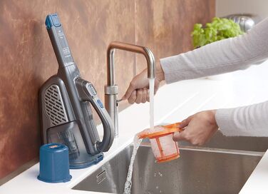 Акумуляторний ручний пилосос BLACK+DECKER Dustbuster Smart Tech 18 В, 36 Вт·год, циклонний, 2 режими, витяжна щілинна насадка, зарядна станція, настінне кріплення, титан/срібло/синій