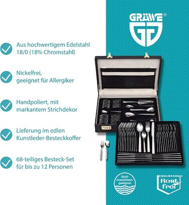 Набір столових приборів GRÄWE Leipzig на 12 осіб, 68 предметів, нержавіюча сталь, у кейсі, з лопаткою для торта, ручне полірування, можна мити в посудомийці