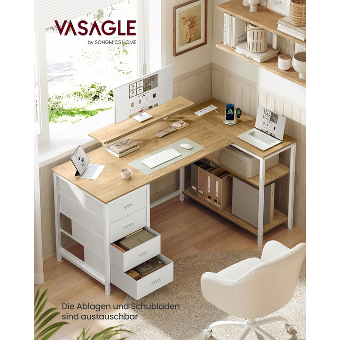 Кутовий комп'ютерний стіл VASAGLE L-подібний з розетками, 4 шухляди, USB, 160x80 см, колір натуральний дуб LWD173KD01