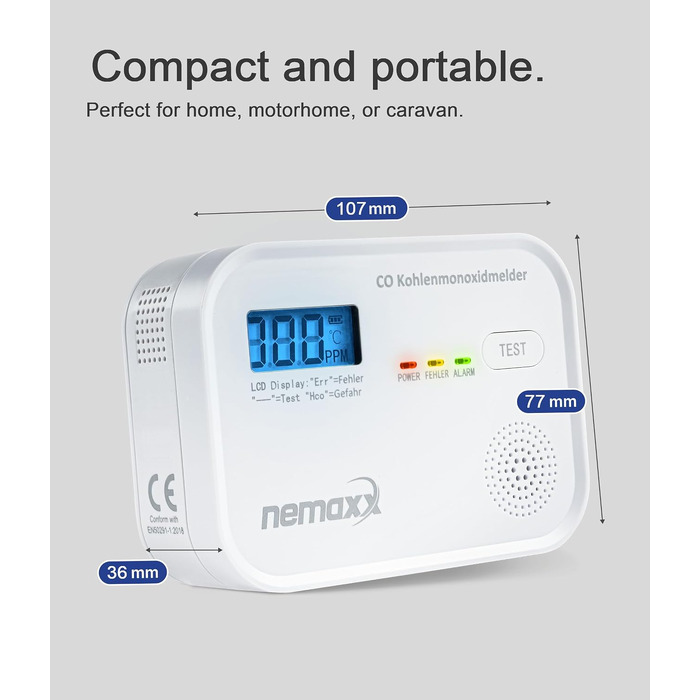 Детектор чадного газу NEMAXX® CM18 з LCD-дисплеєм, електрохімічний сенсор, 85 дБ, стандарт EN 50291-1:2018, термін служби 10 років