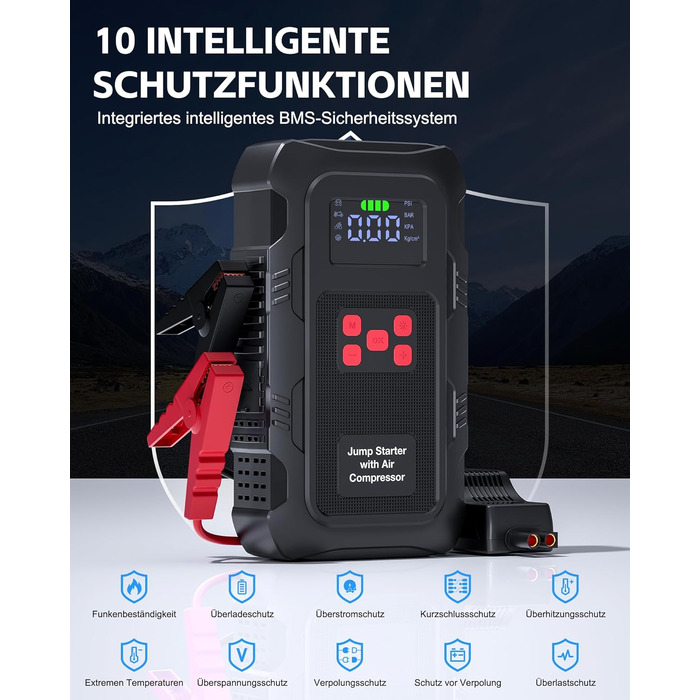 Пусковий інвертор Povasee Jump Starter 6000A з компресором 150 PSI, Powerbank для авто 12V, електричний насос та ліхтариком (Помаранчевий/Чорний/Червоний)