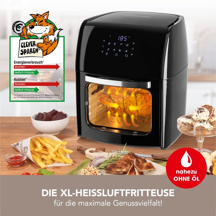 Цифрова аерофритюрниця GOURMETmaxx 12 л XXL з таймером, сенсорним дисплеєм, вертелем та решіткою для запікання, 8 програм, 1800 Вт, чорна, енергозберігаюча, для приготування без жиру