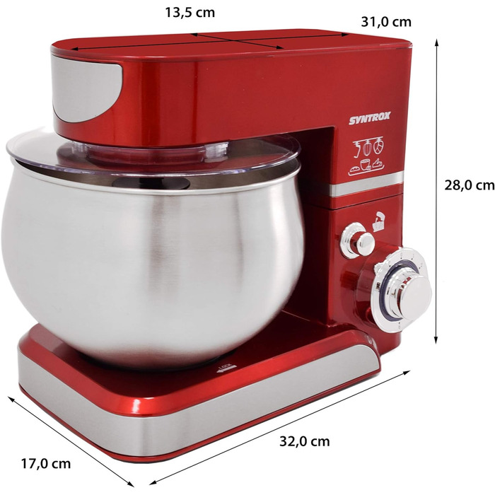 Кухонна машина Syntrox Germany KM-5.0L Basic Red, 5 л, з нержавіючої сталі, червона, тістоміс