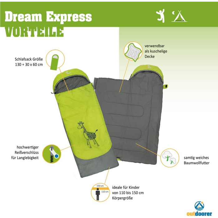 Дитячий туристичний спальник outdoorer Dream Express, ковдра, з бавовняною підкладкою, зелений