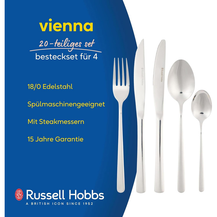 Набір столових приборів Russell Hobbs Vienna 24 предмети, нержавіюча сталь, для 6 осіб, полірований, для мийки в посудомийній машині