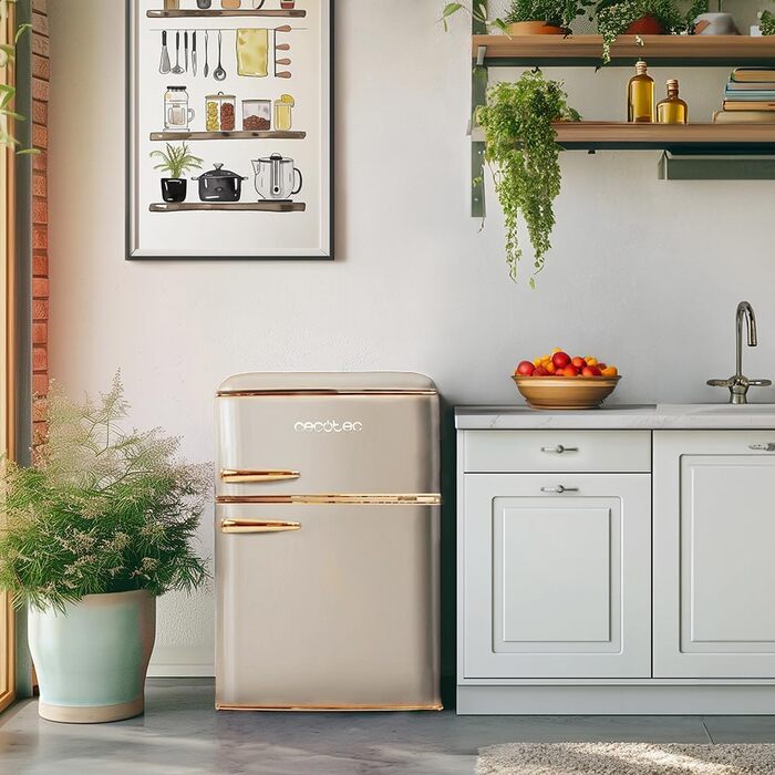 Холодильник Cecotec Bolero CoolMarket 2D Origin 86L Beige: Ретро дизайн, 89.3 x 48.7 см, 86 л, Клас E, з Ice Box та внутрішнім освітленням