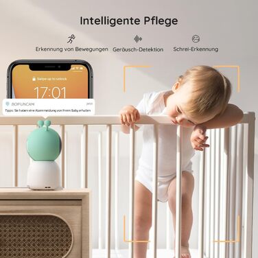 BOIFUN Додаткова камера для немовлят 6T 2K WiFi: відеоняня з нічником, датчиком руху/плачу/звуку, AI-відстеженням, датчиком температури та вологості, записом відео