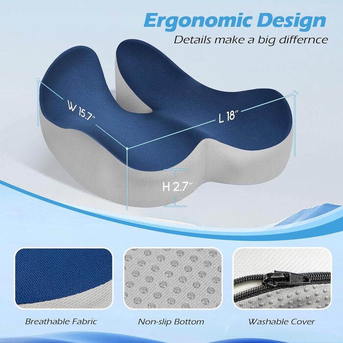 Подушка ортопедична для офісного крісла Lofty Aim з піни Memory Foam: підтримка попереку, куприка, зняття болю, для офісу, авто, літака, інвалідного візка – чорний, синій та сірий