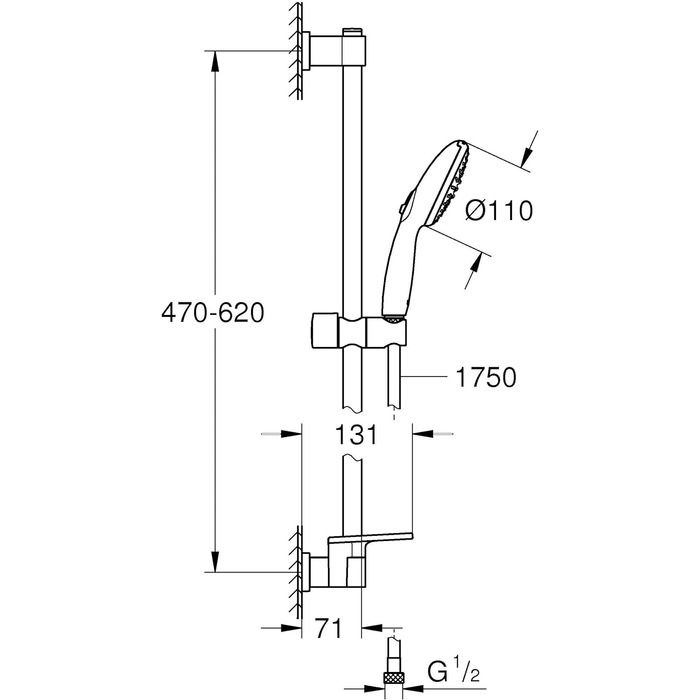 Набір для душу GROHE Vitalio 110, хром, 14 л/хв, 60 см (душова стійка, лійка з 2 струменями, шланг 1.75 м)