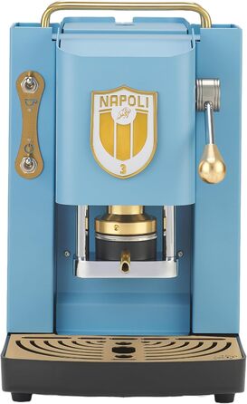 Кавова машина FABER Pro Deluxe Scudetto для ESE-подушок 44 мм, бірюзова з латунною обробкою, прес для кави з латуні, біле лого Napoli Campione