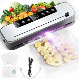 Вакууматор для продуктів 6-в-1, професійний автоматичний вакуумний пакувальник з різаком, цифровим таймером та набором з 50 пакетів і шланга, 75КПа