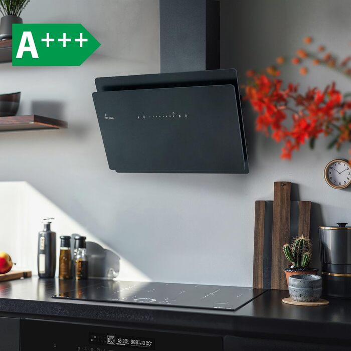Витяжка для кухні KKT KOLBE HERMES 8005 SM, 80 см, чорне скло та нержавіюча сталь, продуктивність 782 м³/год, клас A+++, WLAN, RGBW-LED підсвічування, сенсорне керування