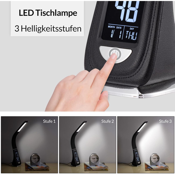 Настільна лампа Monzana з годинником, будильником, термометром і календарем, диммована, чорна – для офісу та спальні