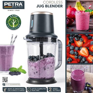 Потужний бездротовий блендер Petra PT5393BGRYVDE, 1,5 л, акумуляторний, для смузі та льоду, 2 швидкості, BPA-free, нержавіюча сталь
