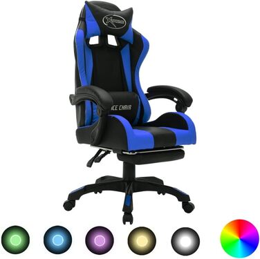 Ігрове крісло vidaXL з RGB LED, підставка для ніг, регульоване по висоті, офісне, комп'ютерне, спортивне, синьо-чорне, екошкіра