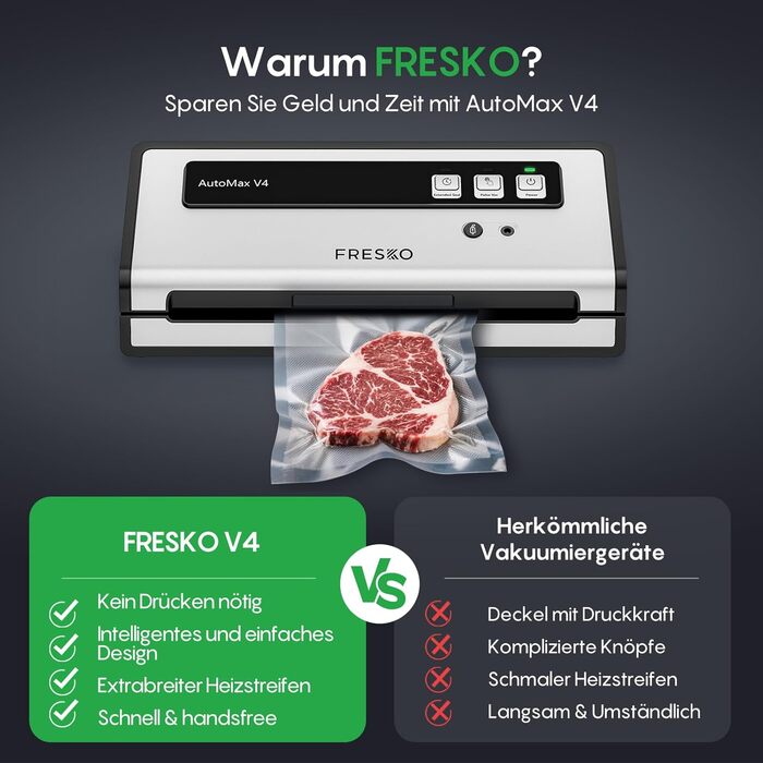 Вакууматор FRESKO Automax V2, автоматичний вакуумний пакувальник 140W з подвійним термозапечатуванням, режимами «Сухий/Вологий» та набором для консервації (чорний)