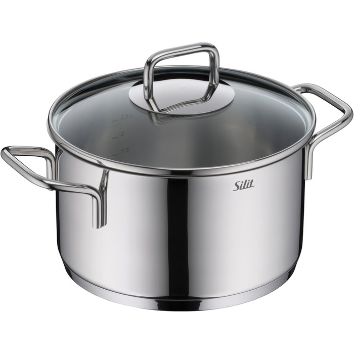 Набір кухонного посуду Silit Extra Cook 4-елементний: каструлі 16/20/24 см з кришкою, ковшик 16 см, внутрішня мірка, широке вушко, придатний для миття в посудомийній машині, з нержавіючої сталі Crominox