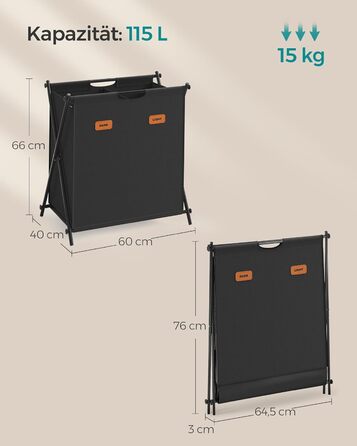 Кошик для білизни SONGMICS 115 л, 2 відділення, складаний, чорний, з етикетками, для ванної, спальні, пральні
