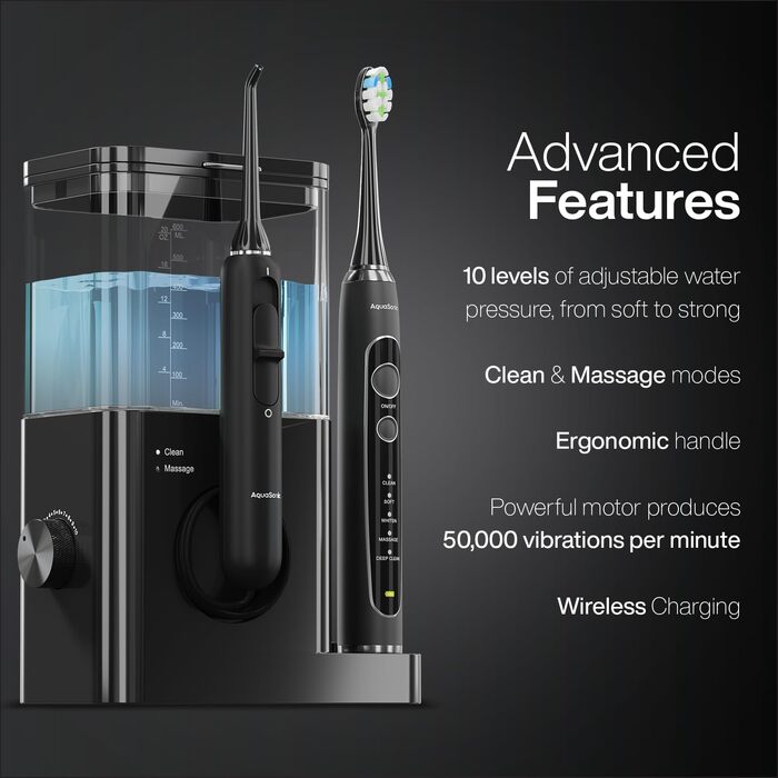 Aquasonic Home Dental Center PRO: електрична зубна щітка та іригатор для догляду за порожниною рота. Здорова посмішка та білі зуби. ADA-сертифіковано, чорний колір