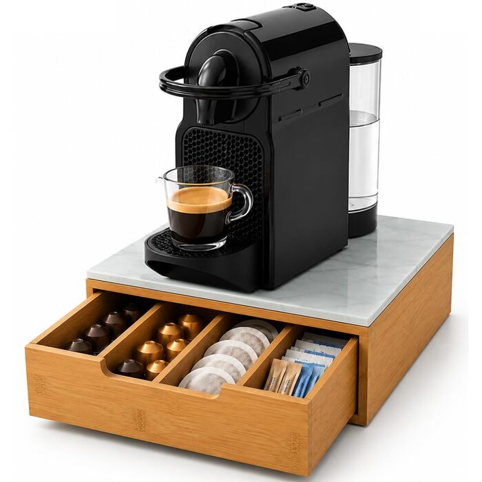 Тримач для кавових капсул BAKAJI з шухлядою з бамбукового дерева для Nespresso, Dolce Gusto, Modomio, Lavazza, чайних пакетів та цукру, білий (31,5 x 30 x 10 см)