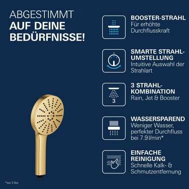 Душова лійка GROHE Vitalio Joy+ 120 Gold з функцією AquaBooster, 3 режими струменя, водоощадна (8 л/хв), універсальне підключення, 1348640000