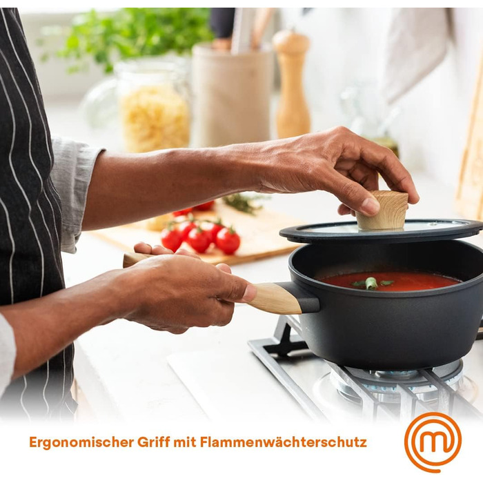 Каструля MasterChef 18 см з кришкою, алюмінієва, індукційна, антипригарна, чорна, дерев'яна ручка, для пасти та супу, підходить для всіх плит, набір каструль і сковорідок, колекція Natural