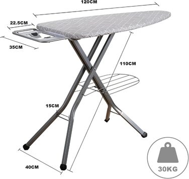 Прасувальна дошка STANEW XXL 120 x 45 см – розкладна та регульована по висоті, з системою безпечного закривання, підставкою для праски та неслизькими ніжками