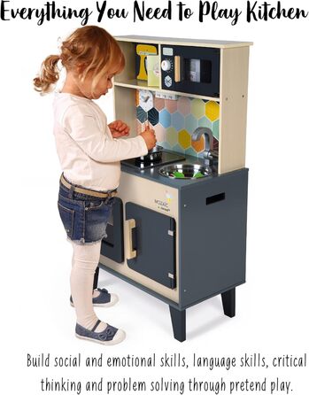 Дитяча ігрова кухня Janod Mozaïc Big Cooker з підсвіткою та звуком, дерев'яна кухня з аксесуарами та продуктами, для дітей від 3 років, 53x30x87 см, J06609