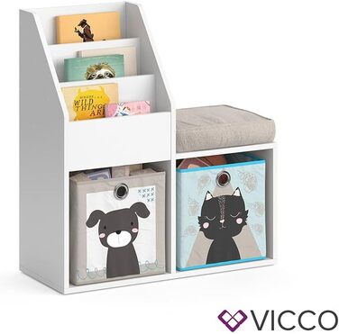 Дитяча книжкова полиця Vicco Luigi, біла, 72x79 см, з 2 складними коробками з малюнком песика та котика