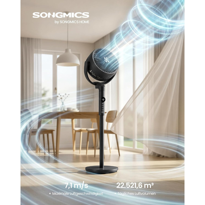 Вентилятор підлоговий SONGMICS XFC002W1EU (Чорний) тихий, з пультом, 120°/135° осциляція, 15 швидкостей, таймер, 3 режими, регульована висота