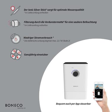 Зволожувач повітря BONECO W400 знімний бак 12 л, для кімнат до 60 м², дуже тихий 25 дБ, режими SLEEP і BABY, керування через додаток, мийка повітря, білий