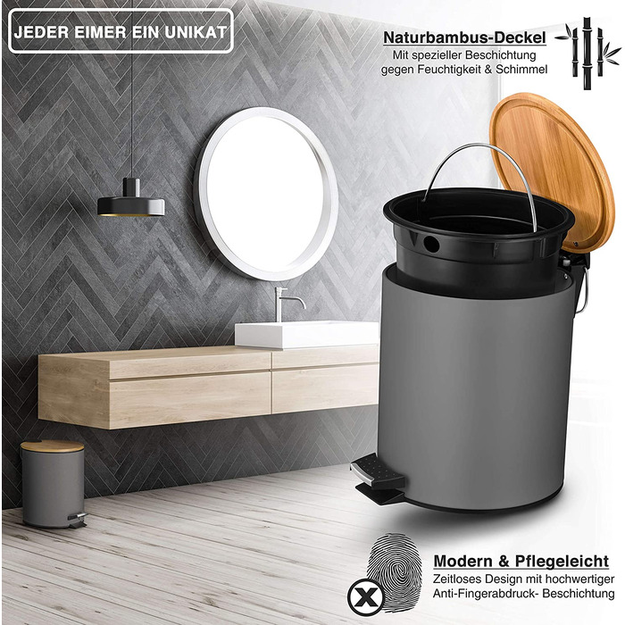 Косметичне відро VMbathrooms 5 л, сіре, з м'яким закриттям, бамбукова кришка, для ванної кімнати
