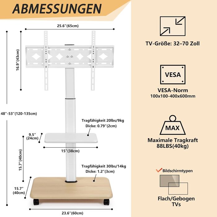 Мобільний ТВ-стіл Hellsehen для LED/LCD/OLED телевізорів 32-70 дюймів (до 45.4 кг), білий, з регулюванням висоти та блокованими колесами