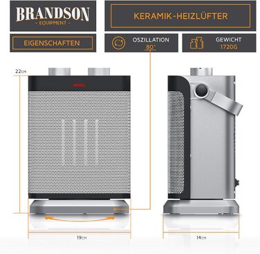 Обігрівач Brandson 1800 Вт для 30 м², 2 режими, вентилятор, регульований термостат, захист, ручка