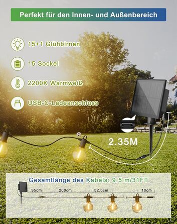 Гірлянда світлодіодна вулична Zuske 45м, 76 LED ламп G40, теплий білий, IP65, для саду, тераси, вечірок, балкону, бістро (9.5м солярна)