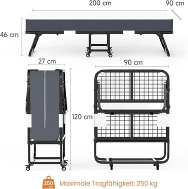 Розкладне ліжко для дорослих 90x200 см з матрацом Memory Foam (13 см), посилений металевий каркас, витримує до 250 кг
