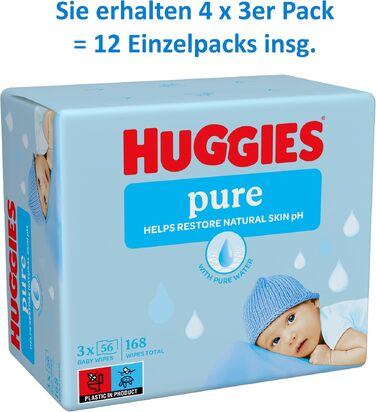 Дитячі вологі серветки Huggies Pure, гіпоалергенні, 12 упаковок по 56 шт (запас на місяць)