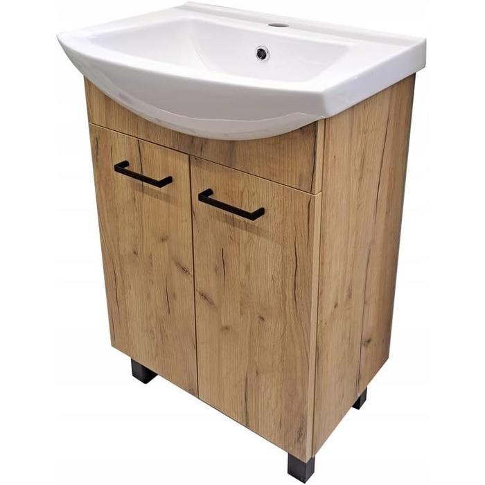 Domodomo Підлогова тумба для ванної з умивальником 85x50x41 см, кераміка, дуб Craft, з шухлядою, сифоном і змішувачем