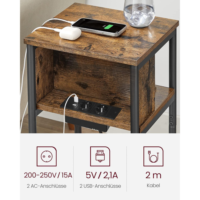 VASAGLE приліжковий столик з розетками та USB, вузький, 30x34x58 см, горіхово-коричневий/чорний, для вітальні і спальні