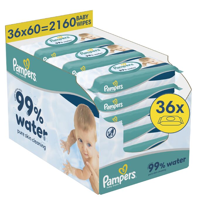 Дитячі вологі серветки Pampers 99% Water з легким лосьйоном, 36 упаковок по 60 шт (загалом 2160 шт)