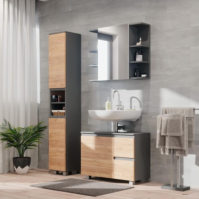Пенал для ванної Vicco J-Shape, антрацит/дуб, 30x190 см, сірий