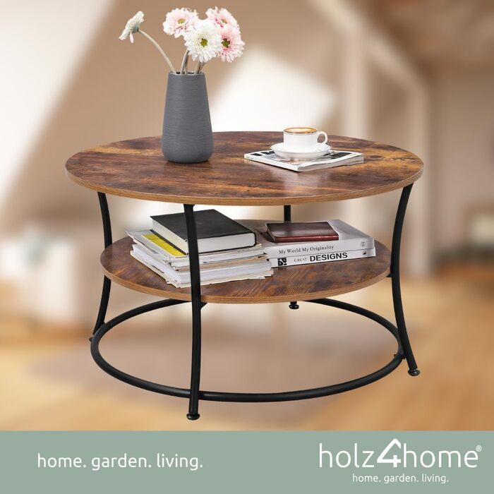 Журнальний стіл holz4home Lillie круглий, з полицею, індустріальний стиль, легка збірка, коричневий